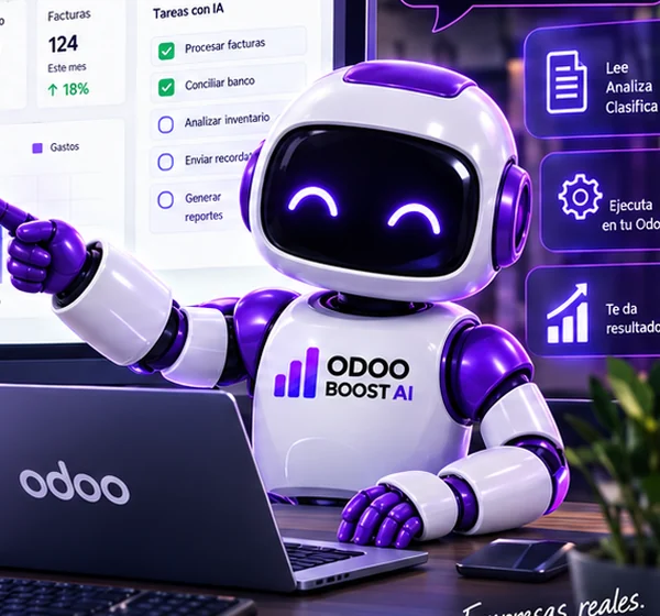 Mascota de ODOO BOOST AI señalando un tablero de tareas resueltas con IA en Odoo