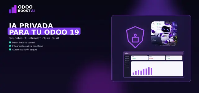 Ilustración de IA privada para Odoo 19: escudo violeta, la mascota robot de ODOO BOOST AI y un panel de Odoo