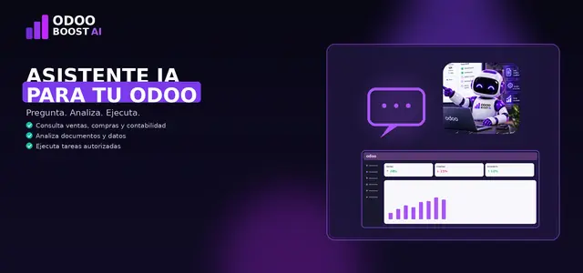 Ilustración del asistente IA para Odoo: burbuja de chat, la mascota robot de ODOO BOOST AI y un panel de Odoo