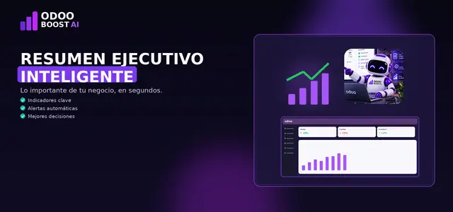 Ilustración del resumen ejecutivo: indicadores, la mascota robot de ODOO BOOST AI y un panel de Odoo