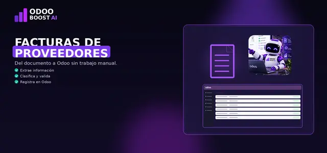 Ilustración de facturas de proveedores: documento, la mascota robot de ODOO BOOST AI y un panel de Odoo