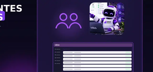 Ilustración de facturas de clientes para firmas contables: grupo de clientes, la mascota robot de ODOO BOOST AI y un listado de facturas en Odoo