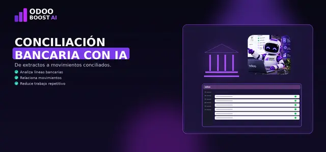 Ilustración de conciliación bancaria: edificio de banco, la mascota robot de ODOO BOOST AI y un extracto conciliado en Odoo