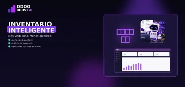 Ilustración de inventario inteligente: cajas apiladas, la mascota robot de ODOO BOOST AI y un panel de existencias en Odoo