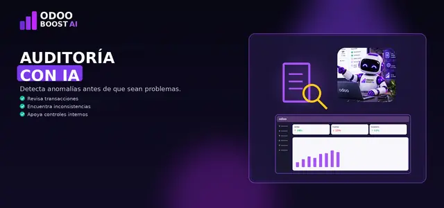 Ilustración de auditoría con IA: documento bajo una lupa, la mascota robot de ODOO BOOST AI y un panel de Odoo