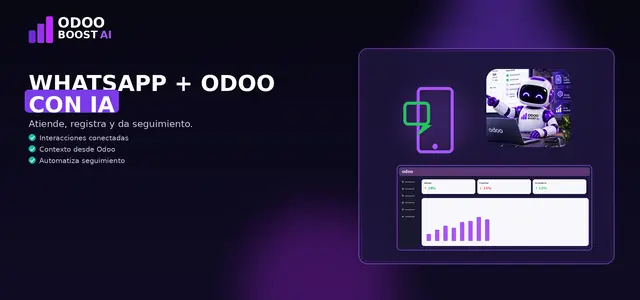 Ilustración de WhatsApp con Odoo e IA: teléfono con mensaje, la mascota robot de ODOO BOOST AI y un panel de Odoo