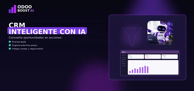 Ilustración de CRM inteligente: embudo de ventas, la mascota robot de ODOO BOOST AI y un panel de oportunidades en Odoo