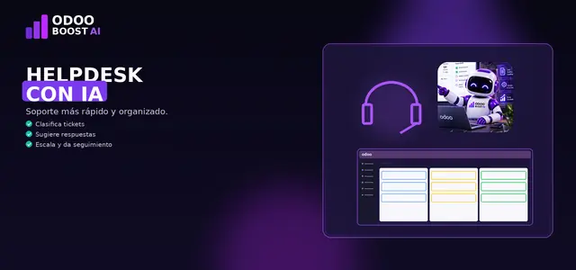 Ilustración de helpdesk con IA: auriculares de soporte, la mascota robot de ODOO BOOST AI y un tablero de tickets en Odoo