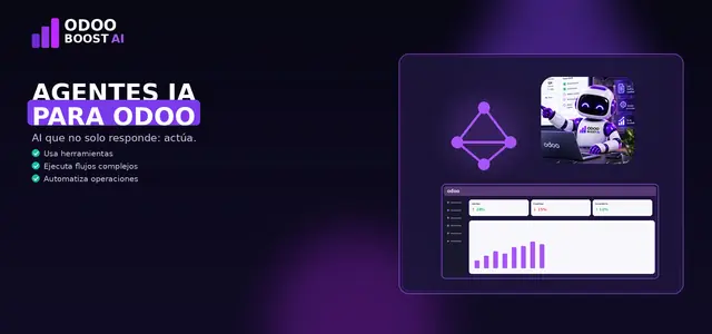 Ilustración de agentes IA para Odoo: red de nodos conectados, la mascota robot de ODOO BOOST AI y un panel de Odoo