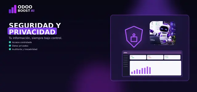 Ilustración de seguridad y privacidad: escudo con candado, la mascota robot de ODOO BOOST AI y un panel de Odoo