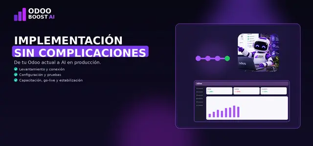 Ilustración de la implementación ODOO BOOST AI: línea de etapas con hitos, la mascota robot de ODOO BOOST AI y un panel de Odoo